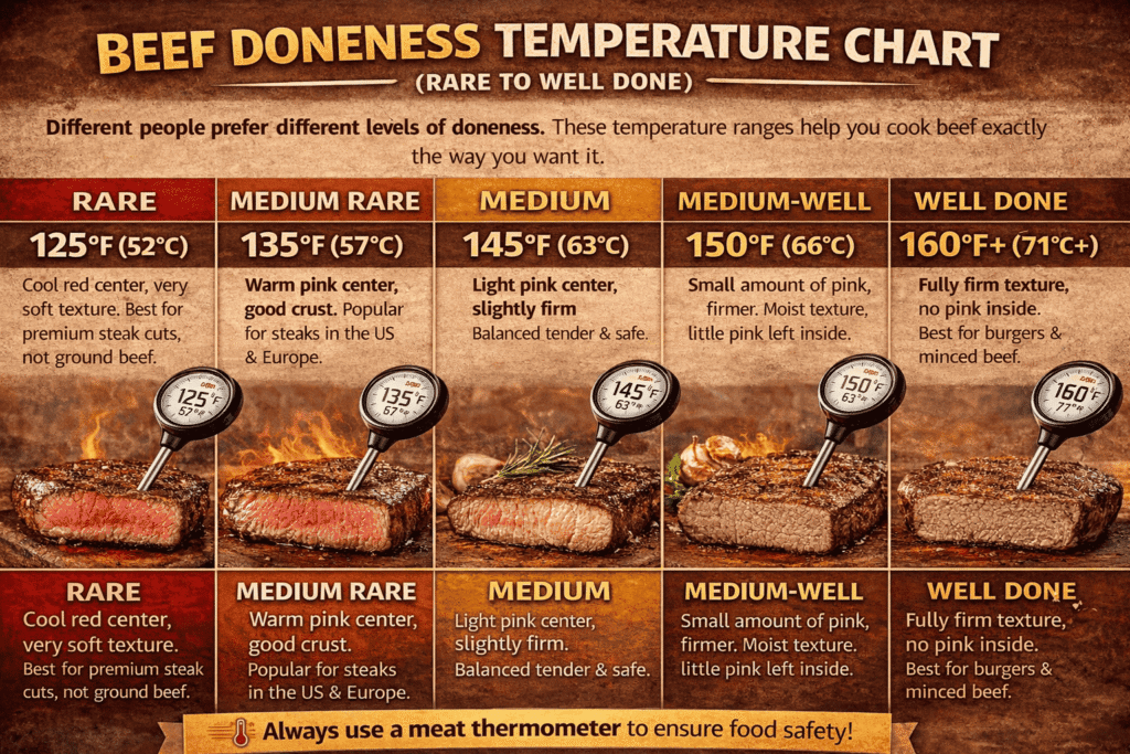 Steak temp rare to well done beef grill pan oven chart